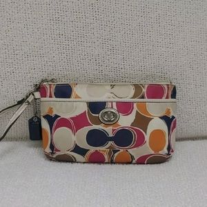 COACH Sateen Signature C Logo Wristlet Wallet Leather Strap Tan Navy Pink